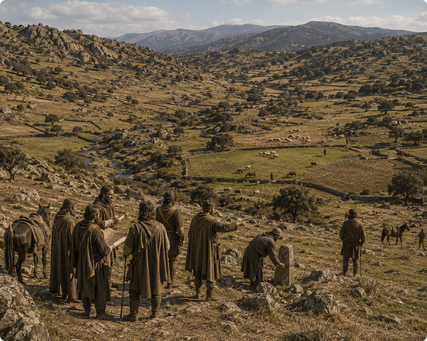 Habitantes de la aldea en el paisaje del valle